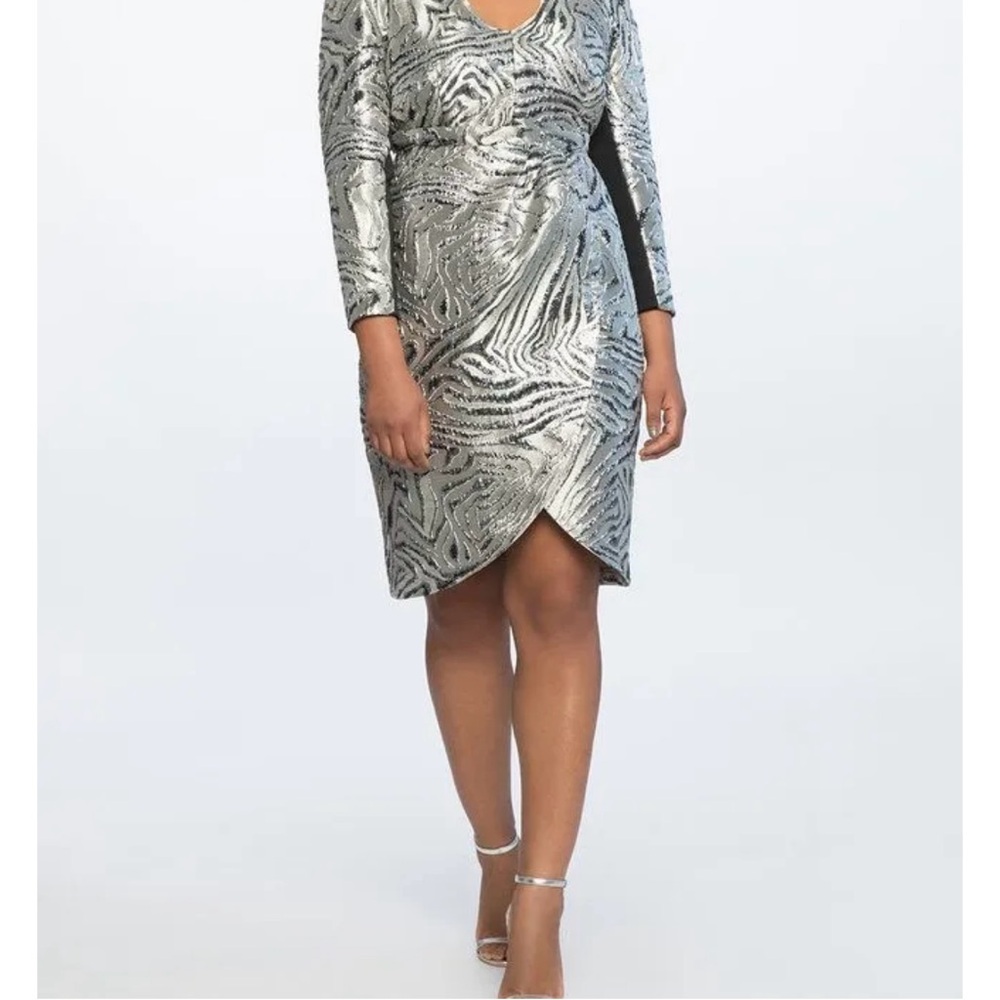Eloquii Black and Silver Sequin Long Sleeve Sheath Dress